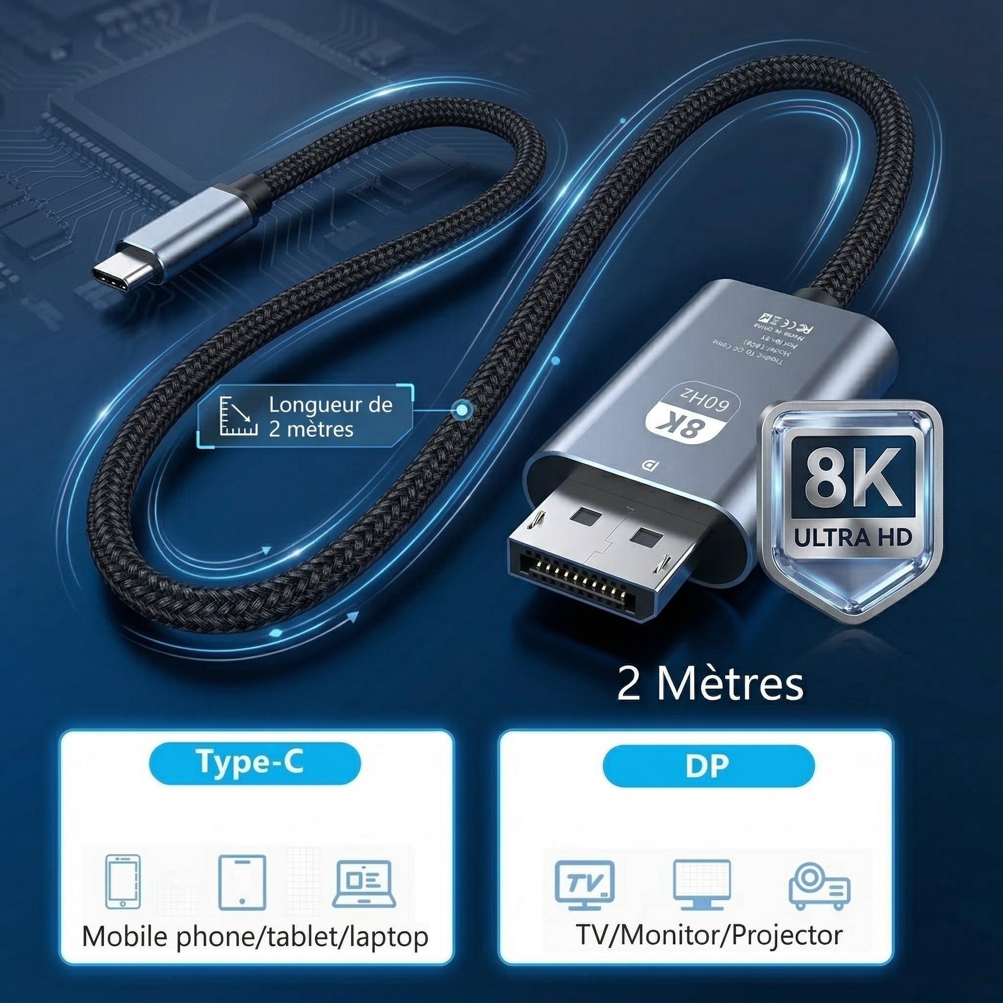 Câble-USB-C-vers-DisplayPort Câble USB Type-C vers DisplayPort (DP) 8K 60Hz, 4K 120Hz et 240Hz- 2 Mètres – Image 1